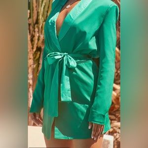 Green Blazer Dress with Satin Tie